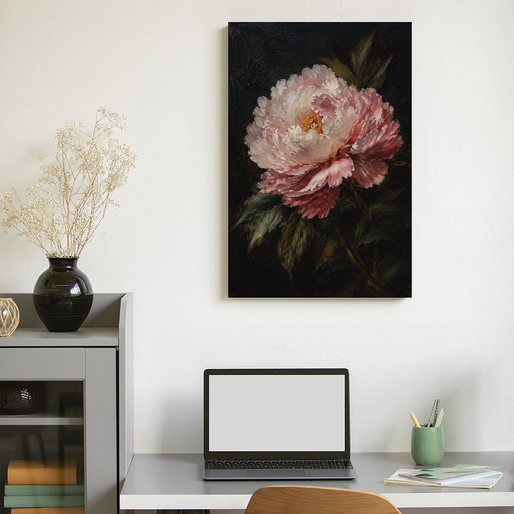 Pink Peony Dark Background Dutch Master Framed Canvas Wall Art | Old Master Floral Still Life Print
