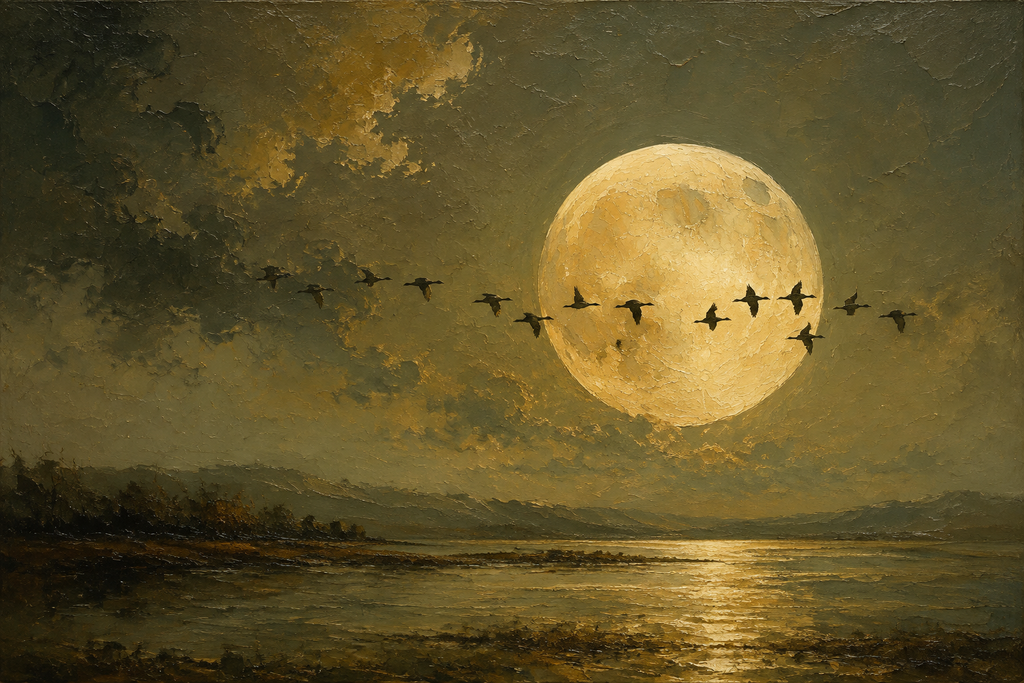 Full Moon Migrating Birds Lake Reflection Framed Canvas Wall Art | Old Master Nocturnal Landscape Print