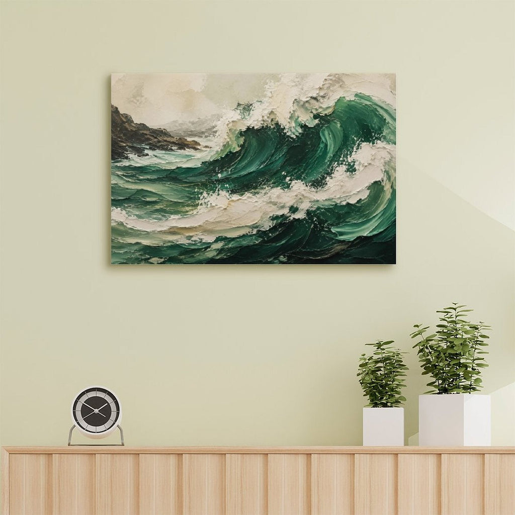 Deep Emerald Ocean Wave Textured Framed Canvas Wall Art | Vintage Coastal Seascape Print