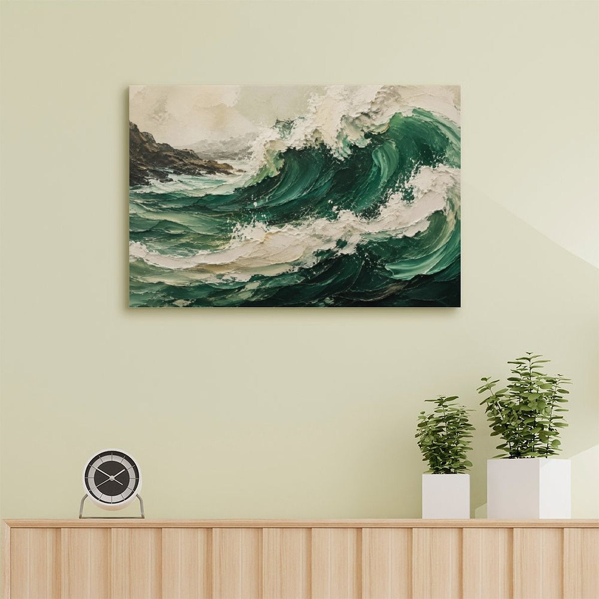 Deep Emerald Ocean Wave Textured Framed Canvas Wall Art | Vintage Coastal Seascape Print