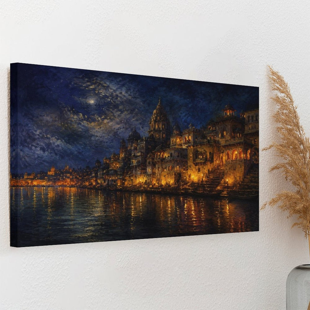 Varanasi Ganges River Night Glow Framed Canvas Wall Art | Indian Temple Nocturne Print