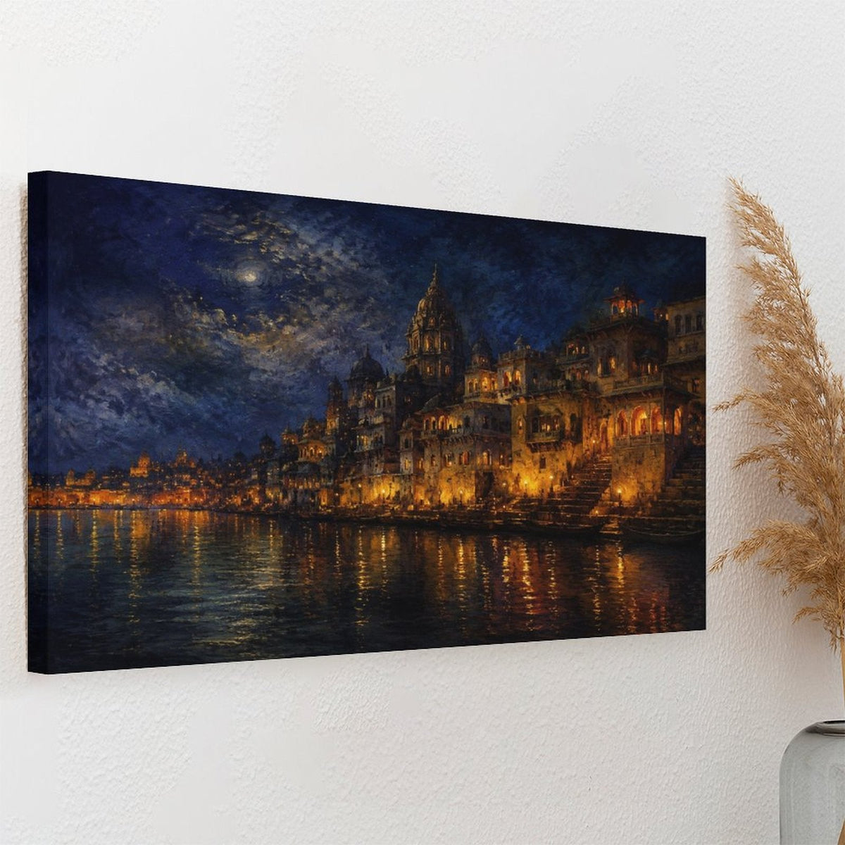 Varanasi Ganges River Night Glow Framed Canvas Wall Art | Indian Temple Nocturne Print