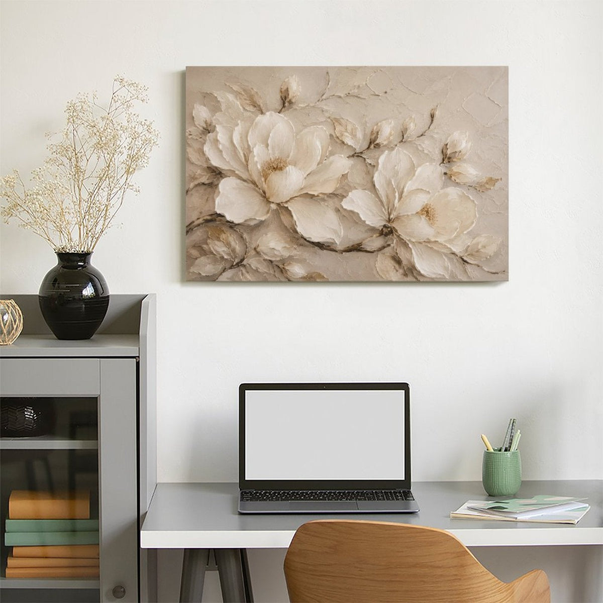Cream Magnolia Textured Relief Framed Canvas Wall Art | Neutral Luxury Floral Print