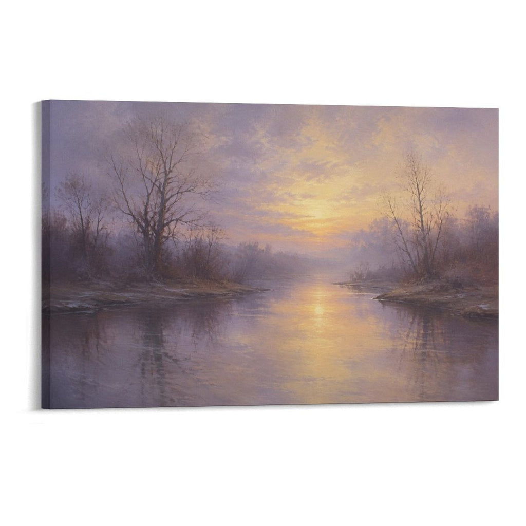 Misty Lavender River Sunrise Bare Trees Atmospheric Old Master Landscape Framed Canvas Wall Art