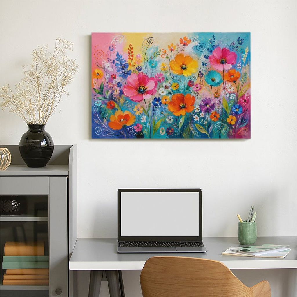 Colorful Wildflower Garden Framed Canvas Wall Art | Joyful Floral Rainbow Print