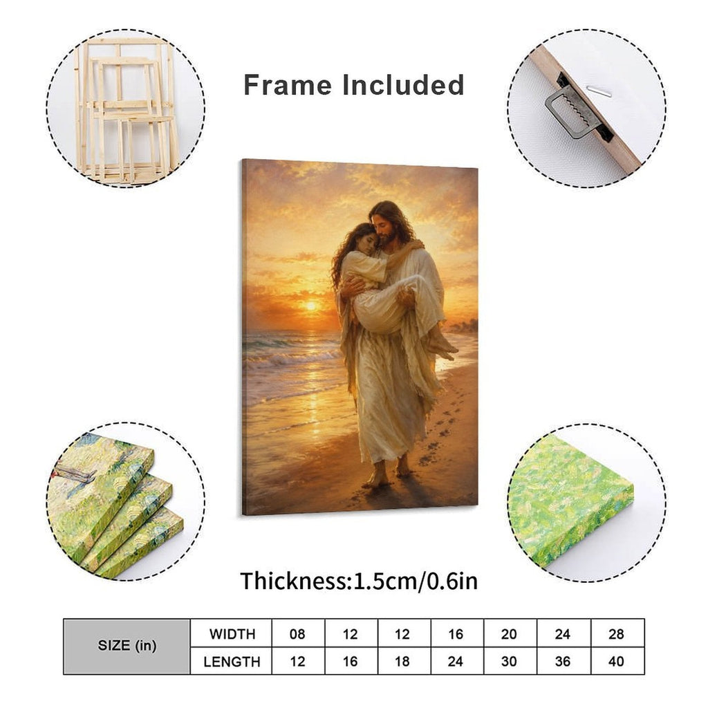 Jesus Carrying Woman Footprints Beach Sunset Framed Canvas Wall Art | Inspirational Religious Print