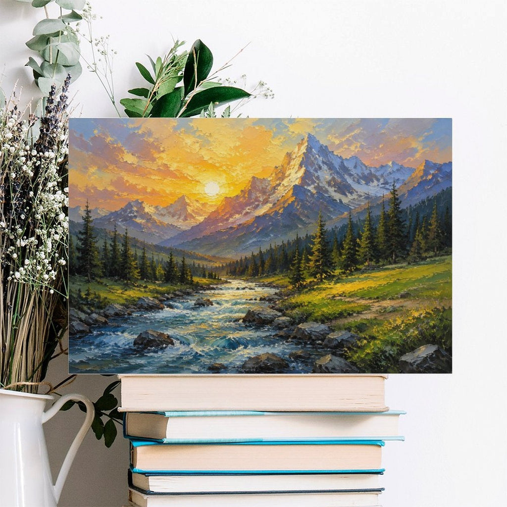 Mountain Stream Golden Sunset Framed Canvas Wall Art | Impressionist Alpine Landscape Print
