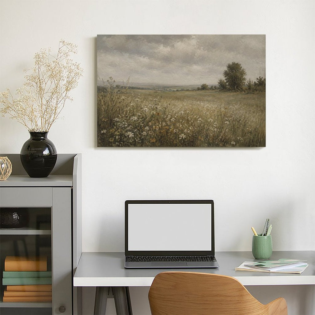 English Country Meadow Daisy Field Framed Canvas Wall Art | Vintage Moody Landscape Print