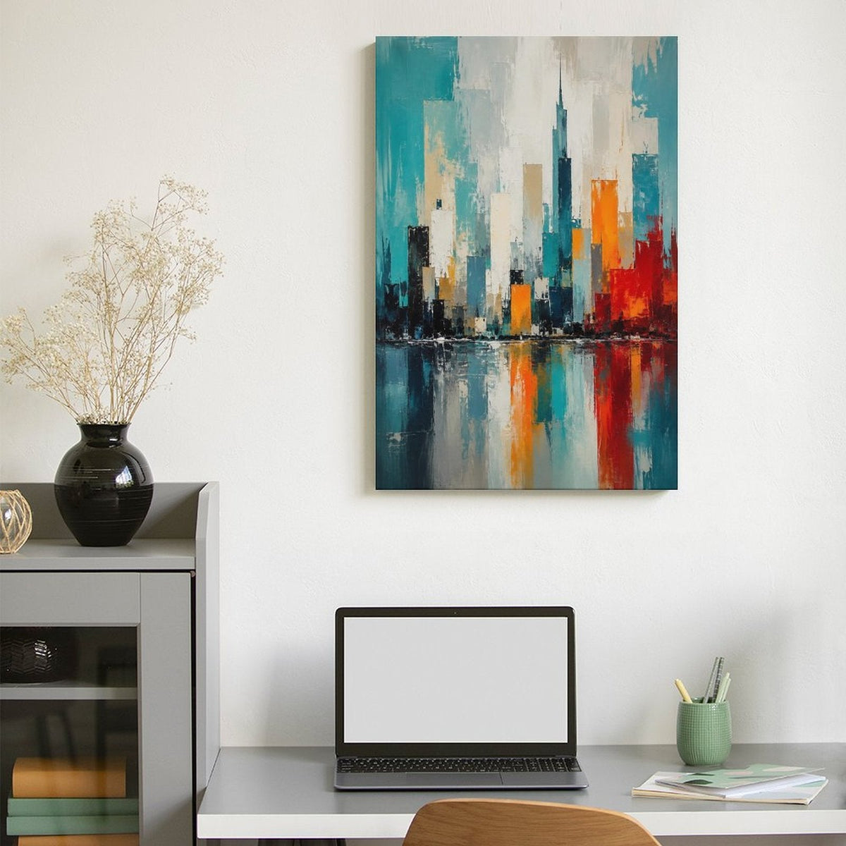 Abstract City Skyline Teal Orange Framed Canvas Wall Art | Modern Urban Palette Knife Print