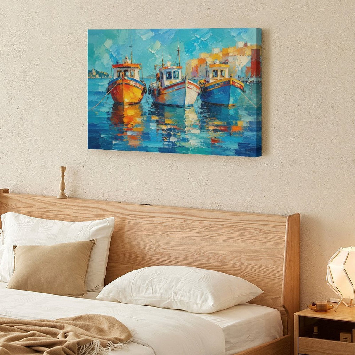 Mediterranean Harbor Fishing Boats Framed Canvas Wall Art | Colorful Impressionist Nautical Print