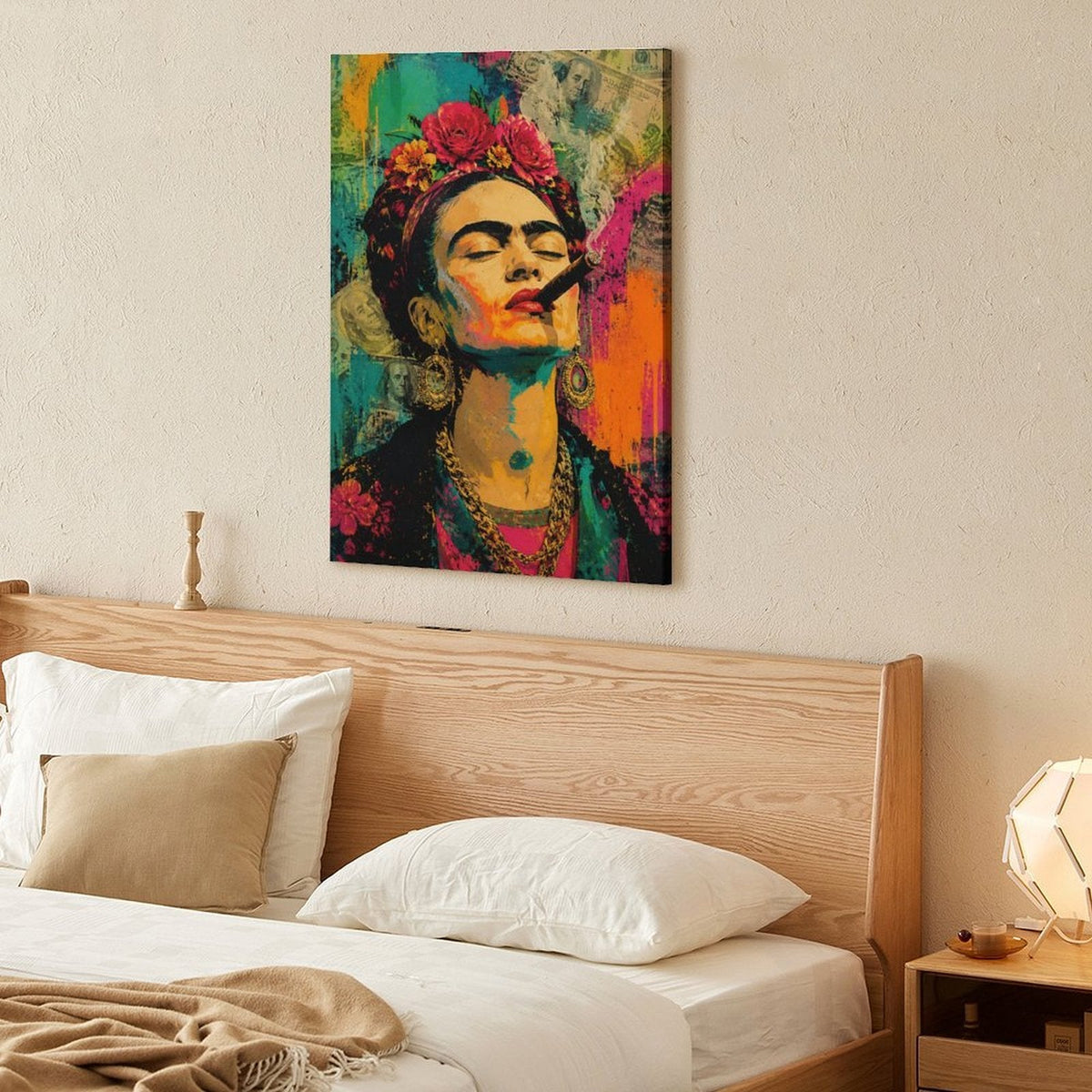 Frida-Style Pop Art Woman with Cigar Framed Canvas Wall Art | Bold Feminist Portrait Print
