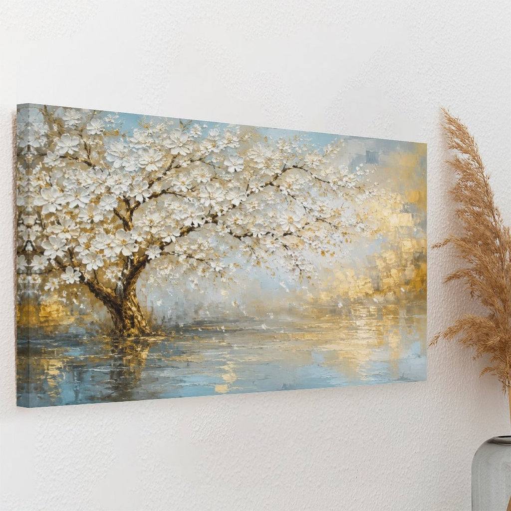White Blossom Tree Lake Reflection Framed Canvas Wall Art | Gold Blue Textured Landscape Print