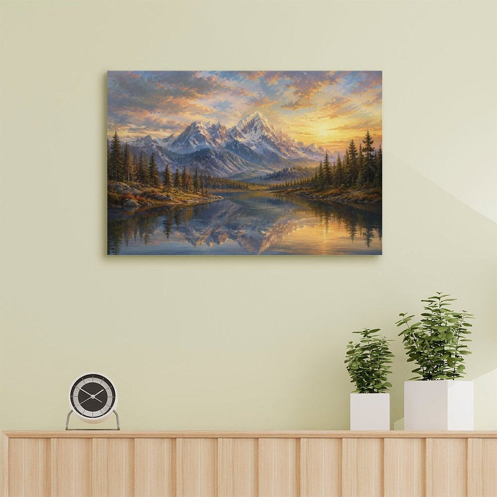 Snow Mountain Sunset Lake Reflection Pine Forest Framed Canvas Wall Art | Old Master Landscape Print