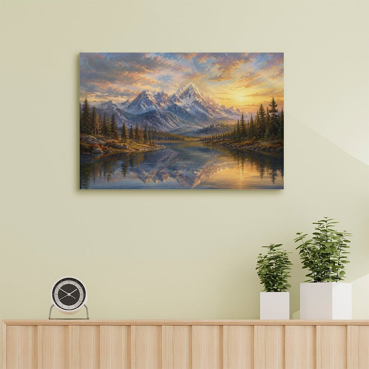 Snow Mountain Sunset Lake Reflection Pine Forest Framed Canvas Wall Art | Old Master Landscape Print