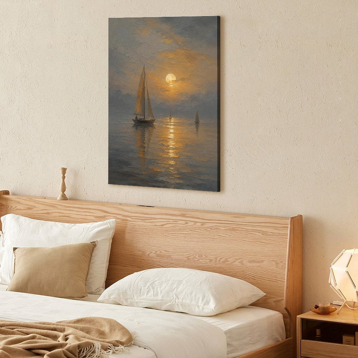 Moonlit Sailboat Misty Sea Framed Canvas Wall Art | Old Master Nocturnal Seascape Print