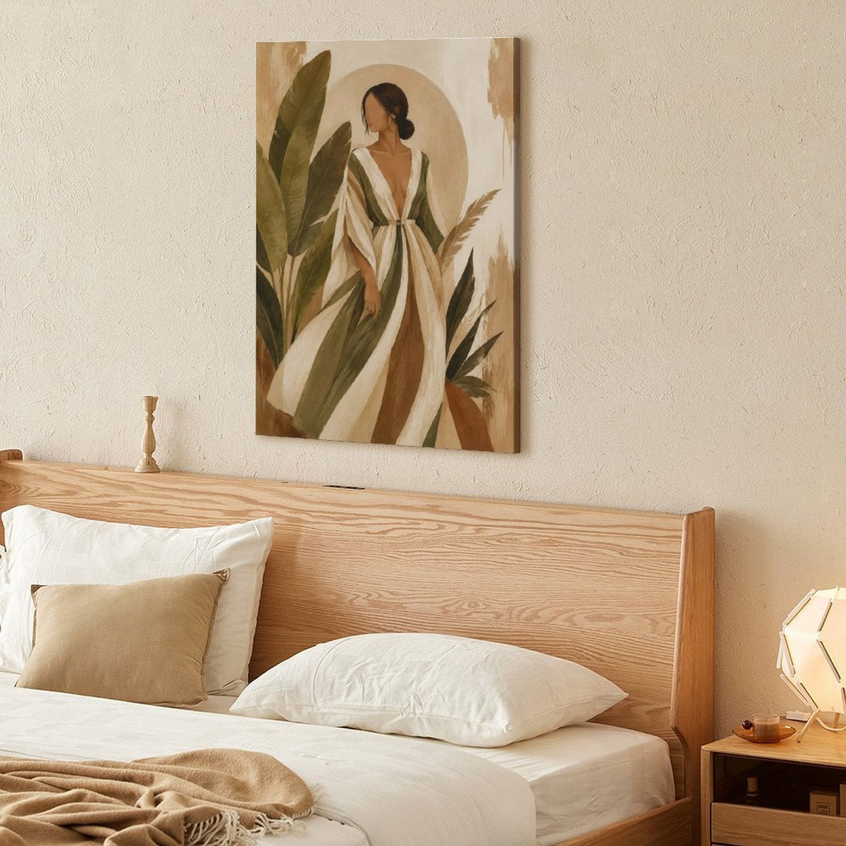 Boho Woman Striped Dress Tropical Leaves Framed Canvas Wall Art | Neutral Figurative Botanical Print