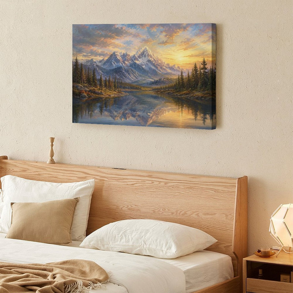 Snow Mountain Sunset Lake Reflection Pine Forest Framed Canvas Wall Art | Old Master Landscape Print