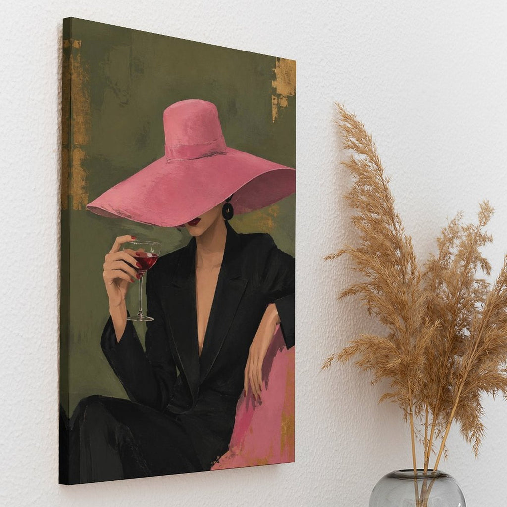 Chic Woman Pink Hat Red Wine Framed Canvas Wall Art | Vintage Fashion Figurative Print