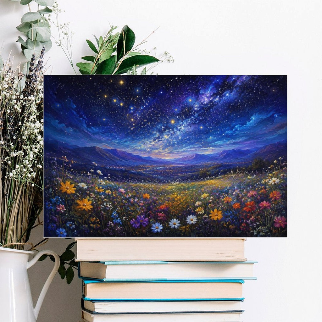 Starry Night Wildflower Meadow Framed Canvas Wall Art | Galaxy Sky Colorful Floral Landscape Print