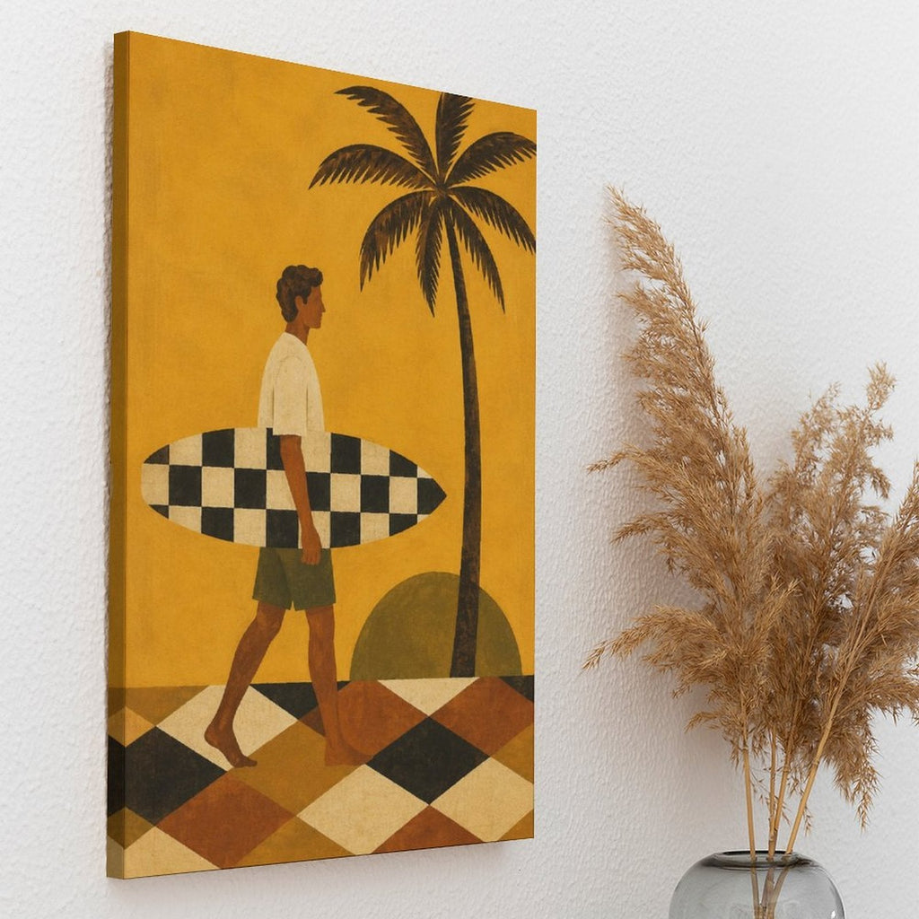 Retro Surfer Framed Canvas Wall Art | Vintage Beach Palm Tree Print