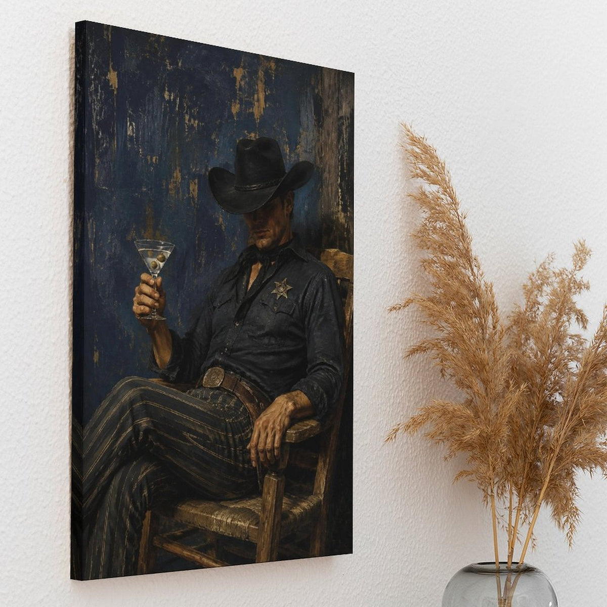 Cowboy Sheriff Martini Dark Blue Vintage Framed Canvas Wall Art | Western Noir Figurative Print
