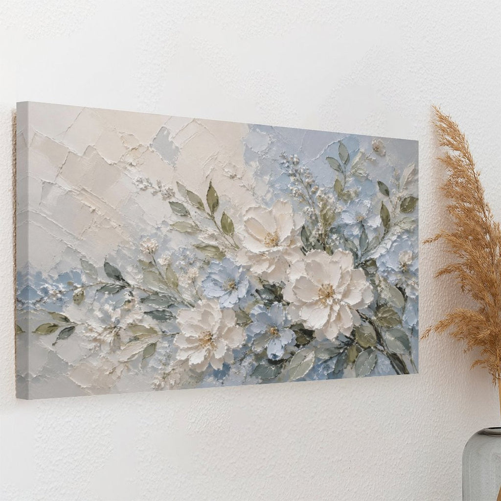 White Peony Blue Floral Textured Framed Canvas Wall Art | French Cottage Botanical Relief Print