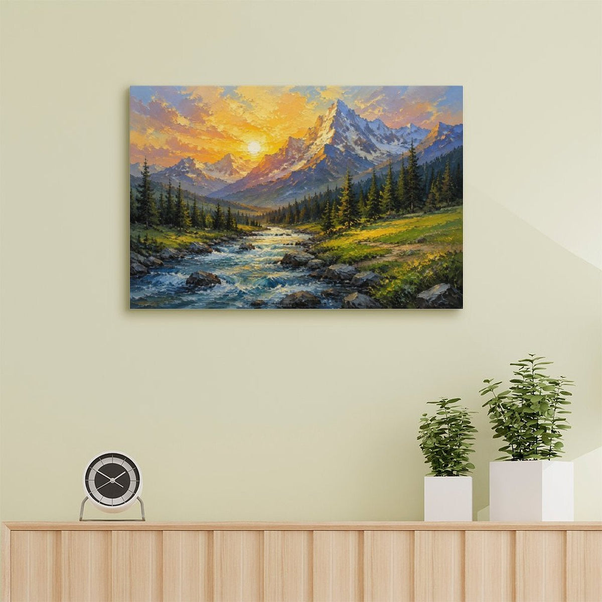 Mountain Stream Golden Sunset Framed Canvas Wall Art | Impressionist Alpine Landscape Print