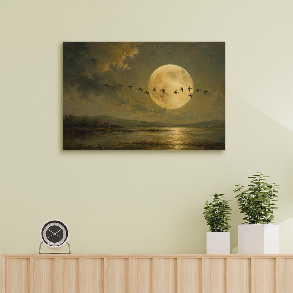 Full Moon Migrating Birds Lake Reflection Framed Canvas Wall Art | Old Master Nocturnal Landscape Print