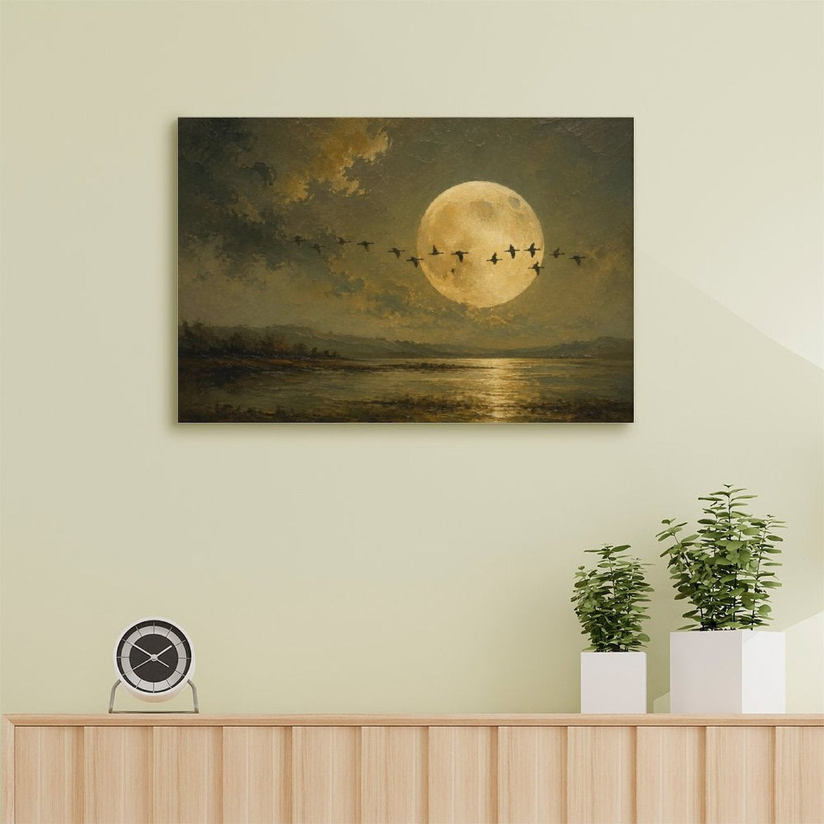 Full Moon Migrating Birds Lake Reflection Framed Canvas Wall Art | Old Master Nocturnal Landscape Print