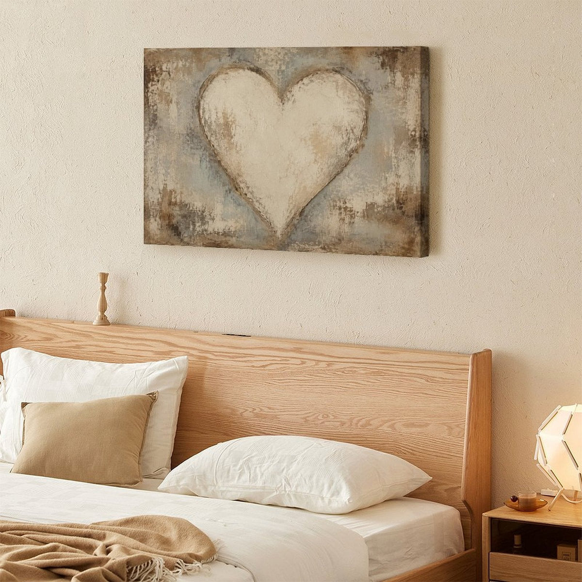 Rustic Cream Heart Textured Framed Canvas Wall Art | Vintage Romantic Love Print