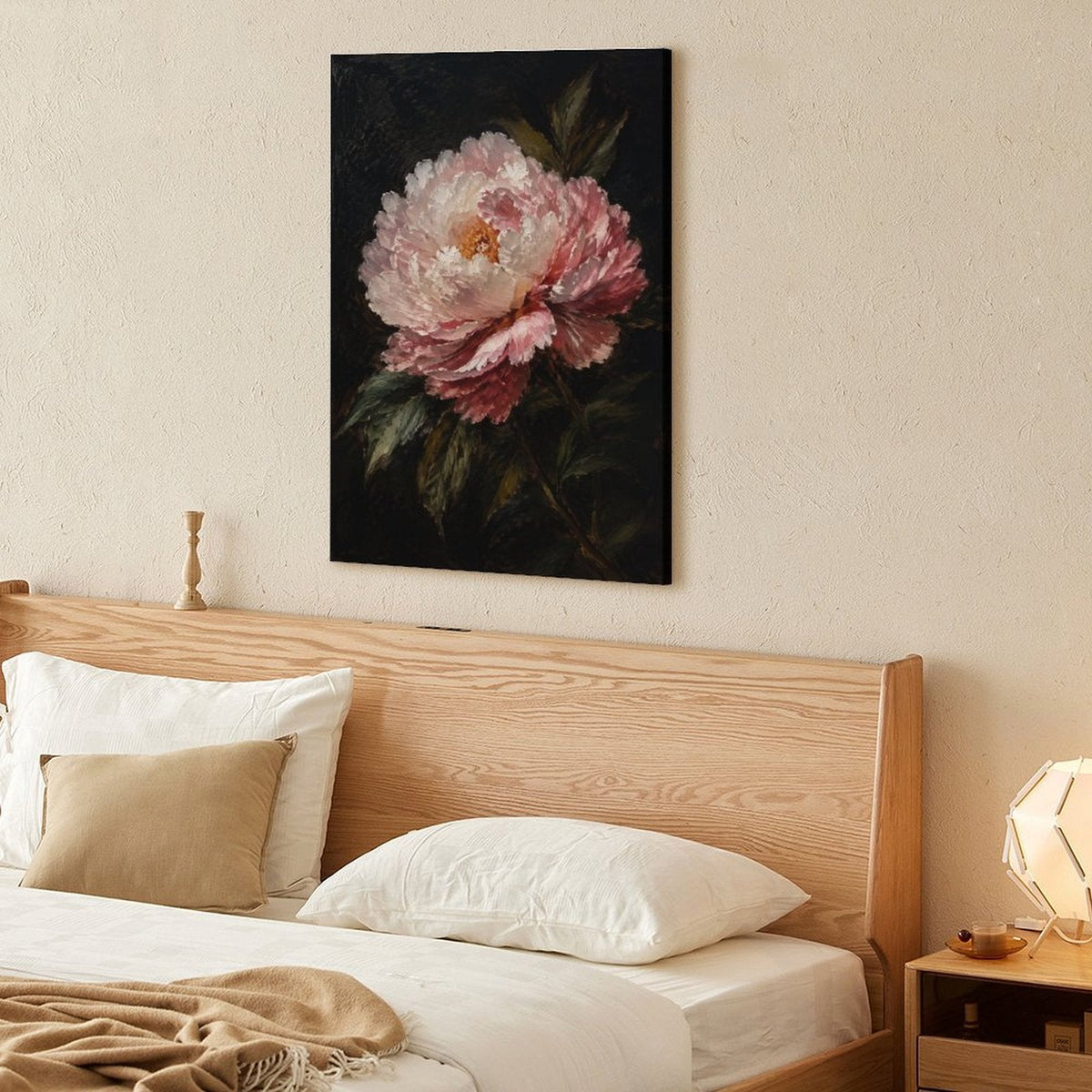 Pink Peony Dark Background Dutch Master Framed Canvas Wall Art | Old Master Floral Still Life Print