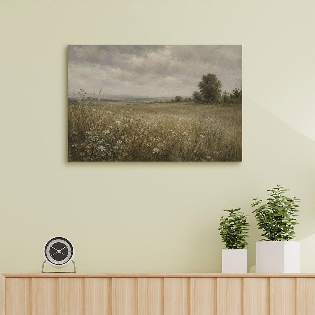 English Country Meadow Daisy Field Framed Canvas Wall Art | Vintage Moody Landscape Print