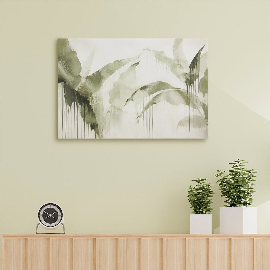 Olive Green Tropical Leaf Drip Watercolor Framed Canvas Wall Art | Minimalist Botanical Print