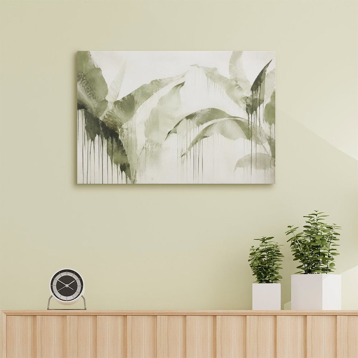Olive Green Tropical Leaf Drip Watercolor Framed Canvas Wall Art | Minimalist Botanical Print