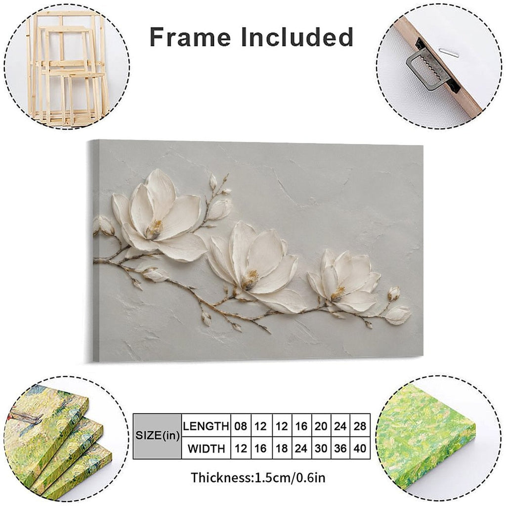 White Magnolia Branch Textured Framed Canvas Wall Art | Minimalist Floral Botanical Print
