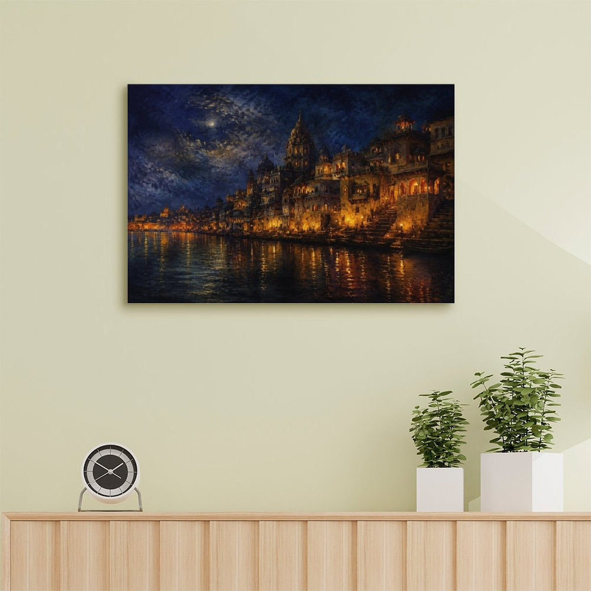 Varanasi Ganges River Night Glow Framed Canvas Wall Art | Indian Temple Nocturne Print