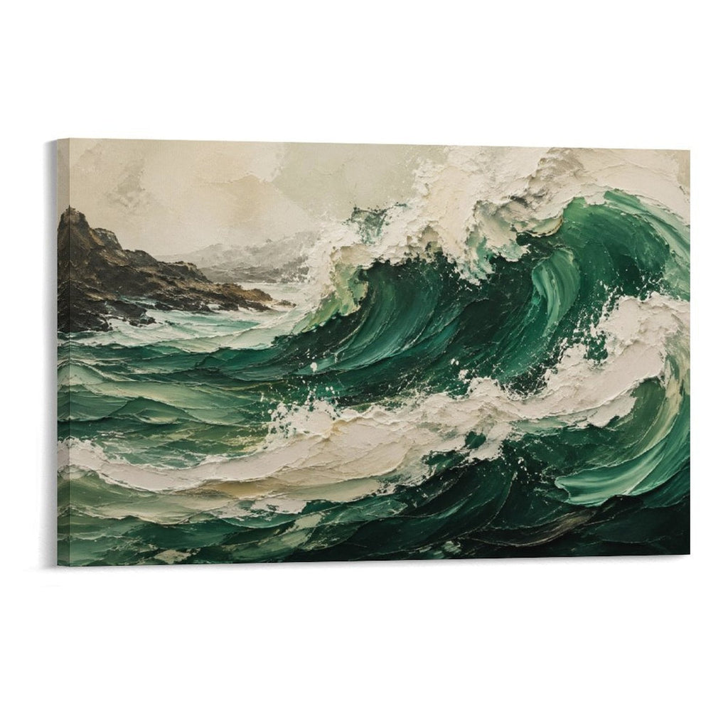 Deep Emerald Ocean Wave Textured Vintage Coastal Seascape Framed Canvas Wall Art