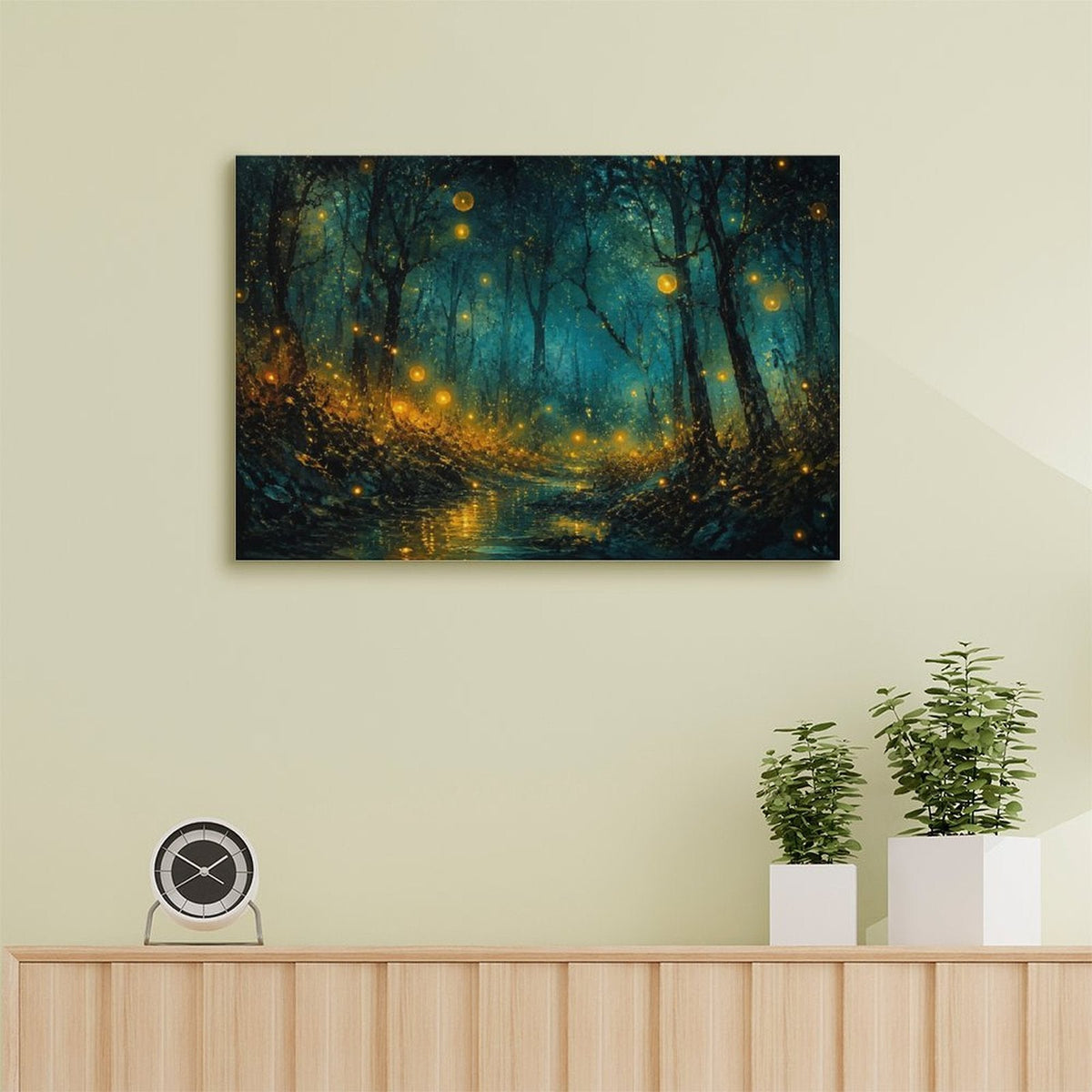 Firefly Enchanted Forest Night Framed Canvas Wall Art | Magical Dark Woodland Stream Print