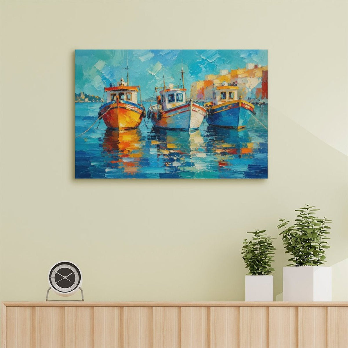 Mediterranean Harbor Fishing Boats Framed Canvas Wall Art | Colorful Impressionist Nautical Print