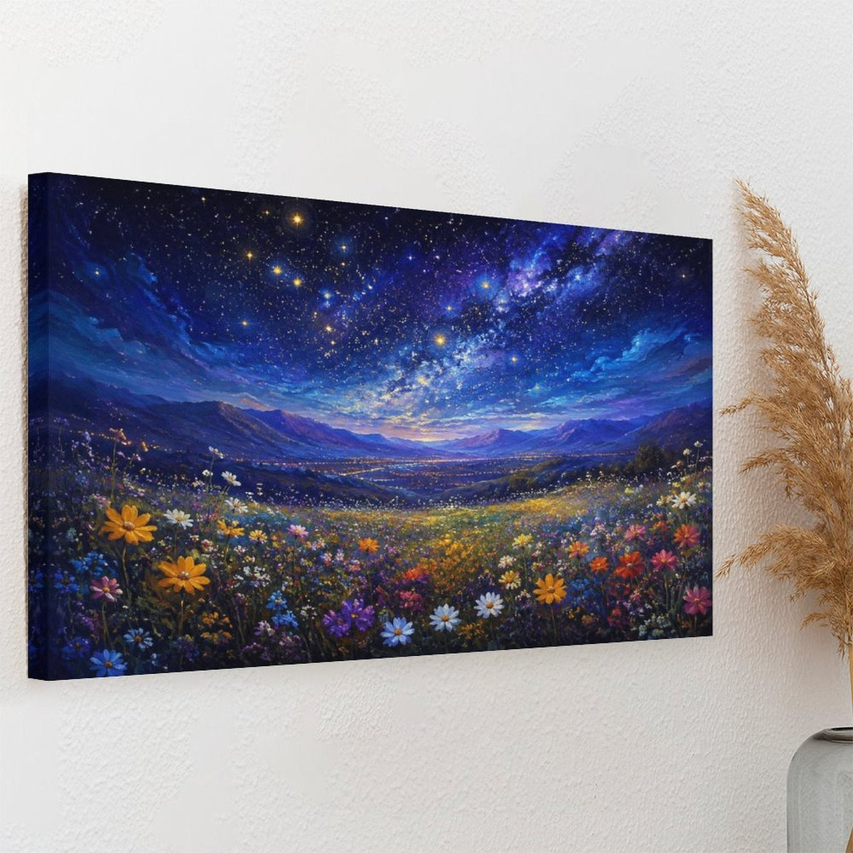 Starry Night Wildflower Meadow Framed Canvas Wall Art | Galaxy Sky Colorful Floral Landscape Print