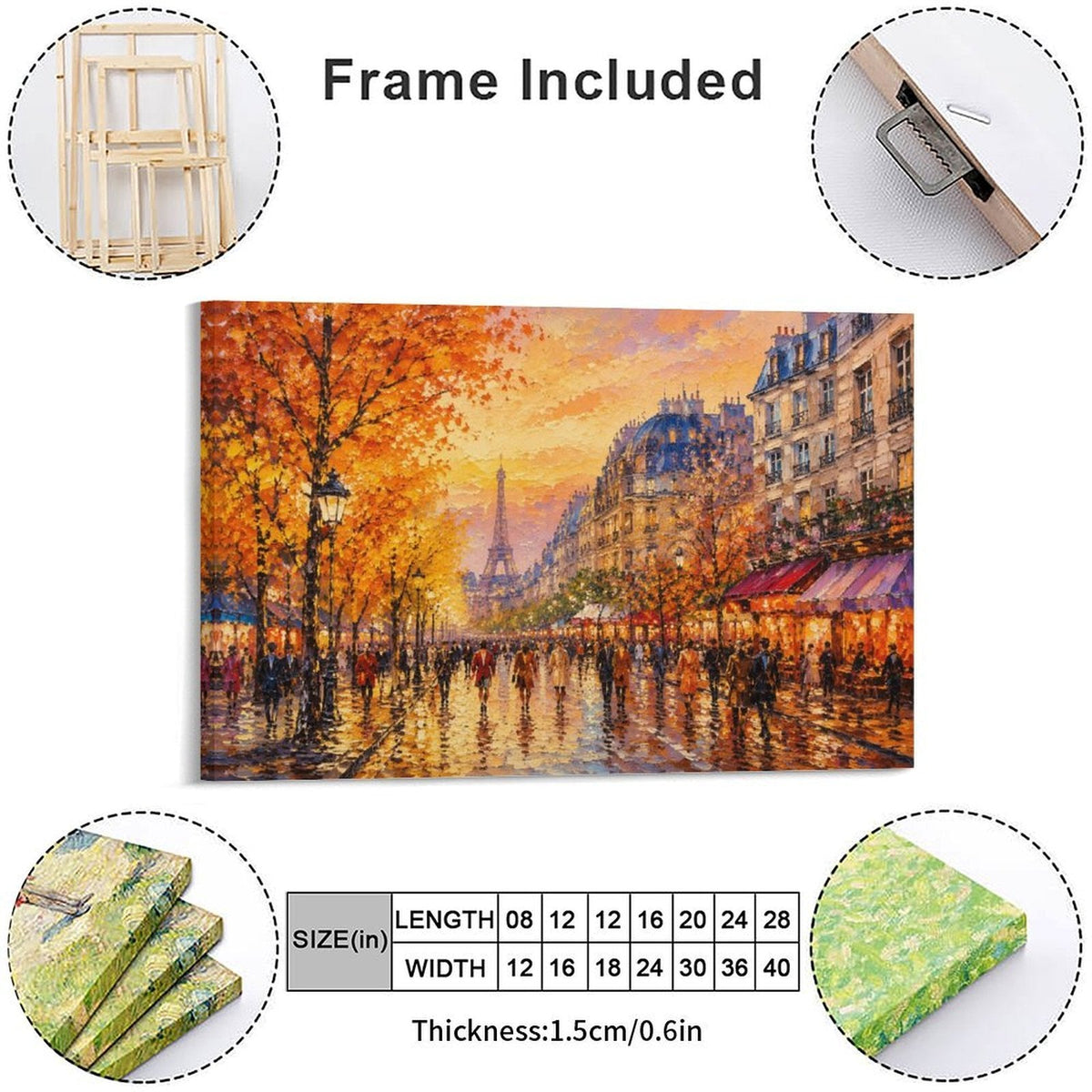 Paris Autumn Street Eiffel Tower Cafe Framed Canvas Wall Art | Impressionist French City Print