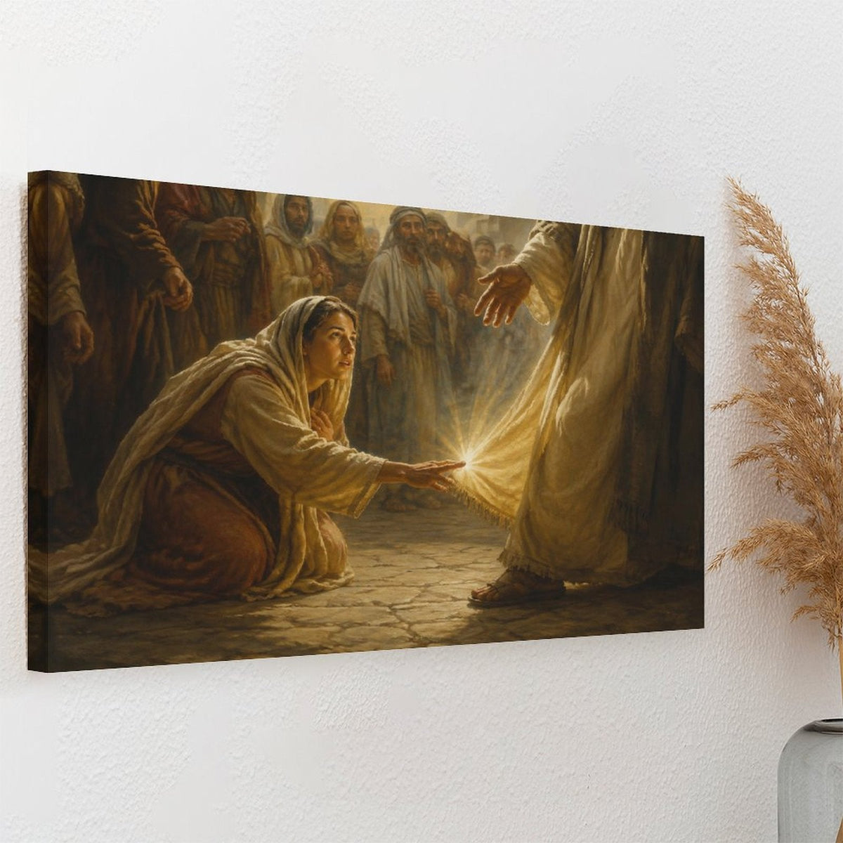 Woman Touching Jesus Robe Healing Miracle Framed Canvas Wall Art | Classical Religious Print