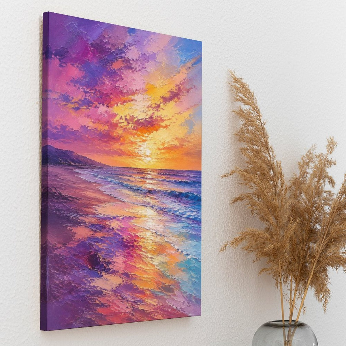 Purple Orange Sunset Beach Framed Canvas Wall Art | Vibrant Coastal Seascape Print