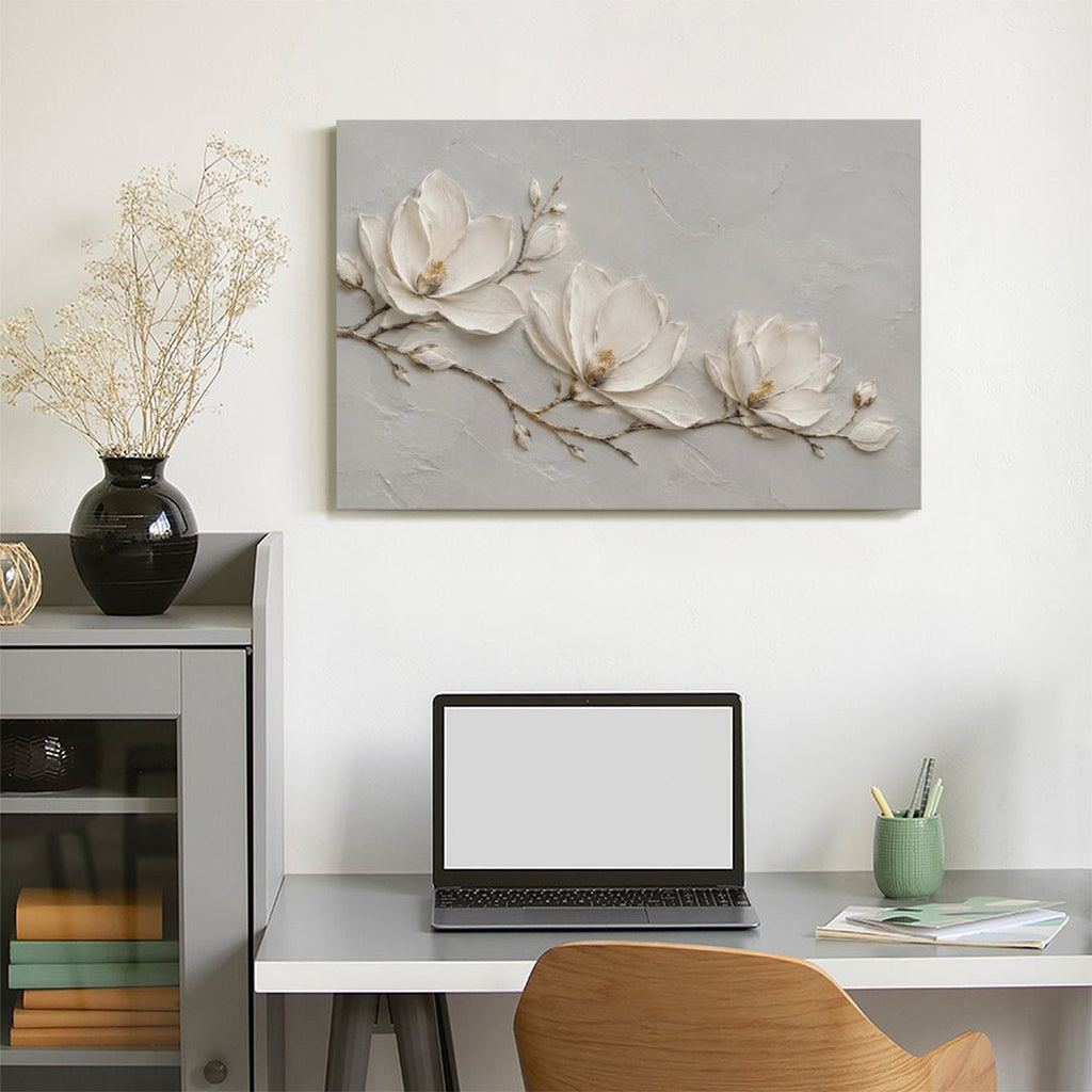 White Magnolia Branch Textured Framed Canvas Wall Art | Minimalist Floral Botanical Print