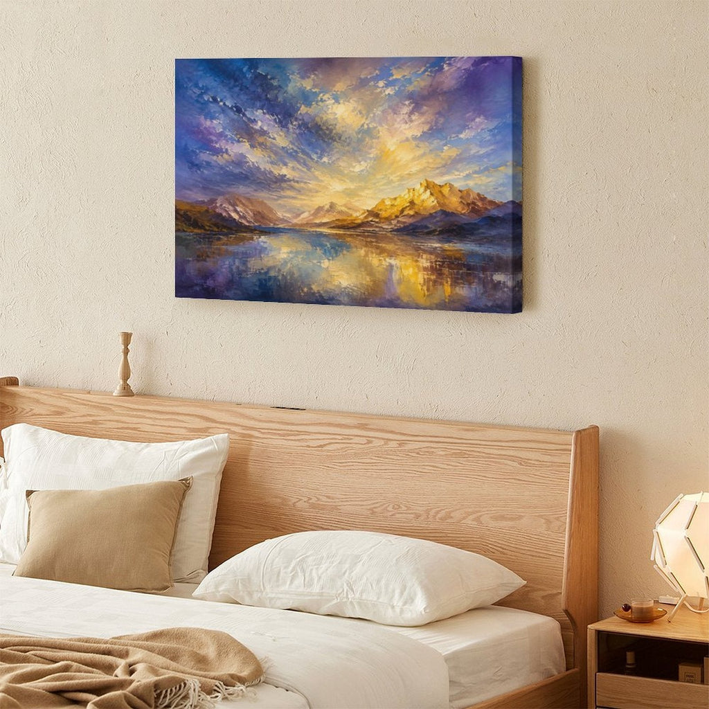 Purple Gold Dramatic Sky Mountain Lake Framed Canvas Wall Art | Impressionist Landscape Print