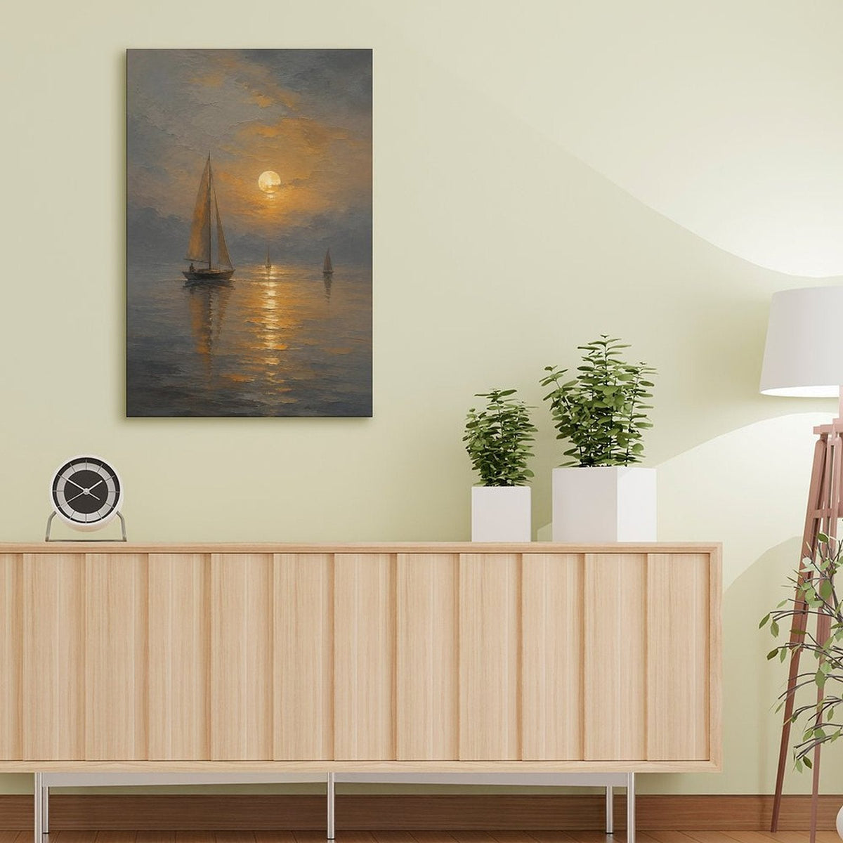 Moonlit Sailboat Misty Sea Framed Canvas Wall Art | Old Master Nocturnal Seascape Print