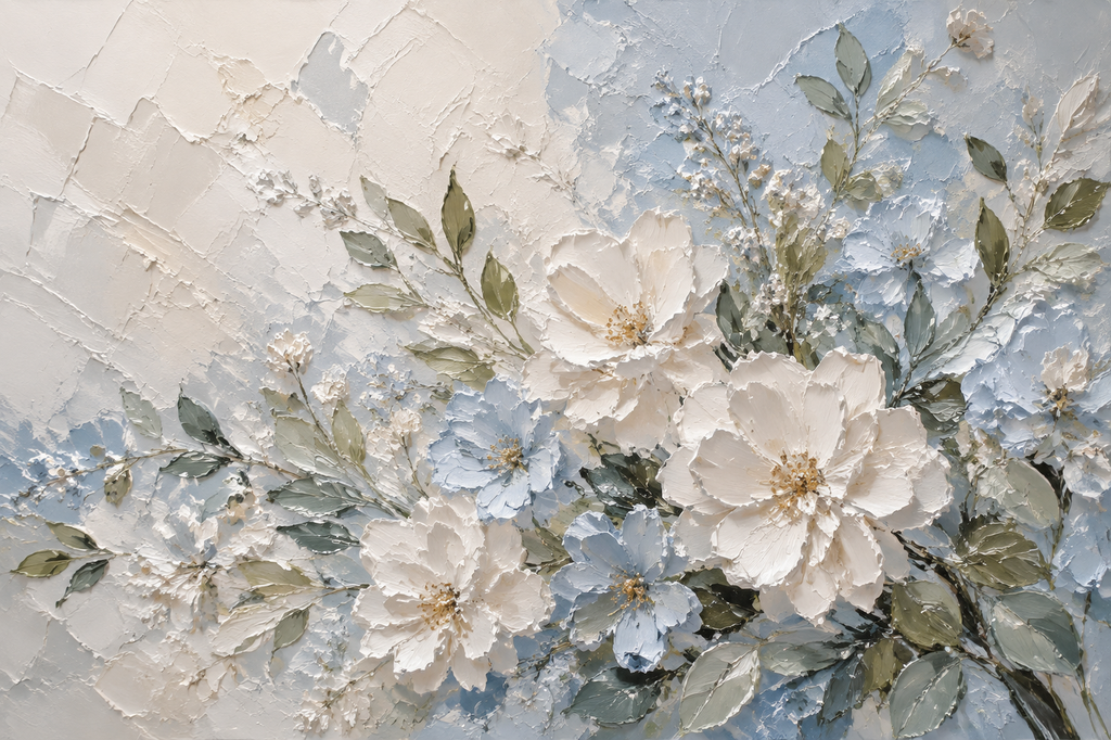 White Peony Blue Floral Textured Framed Canvas Wall Art | French Cottage Botanical Relief Print