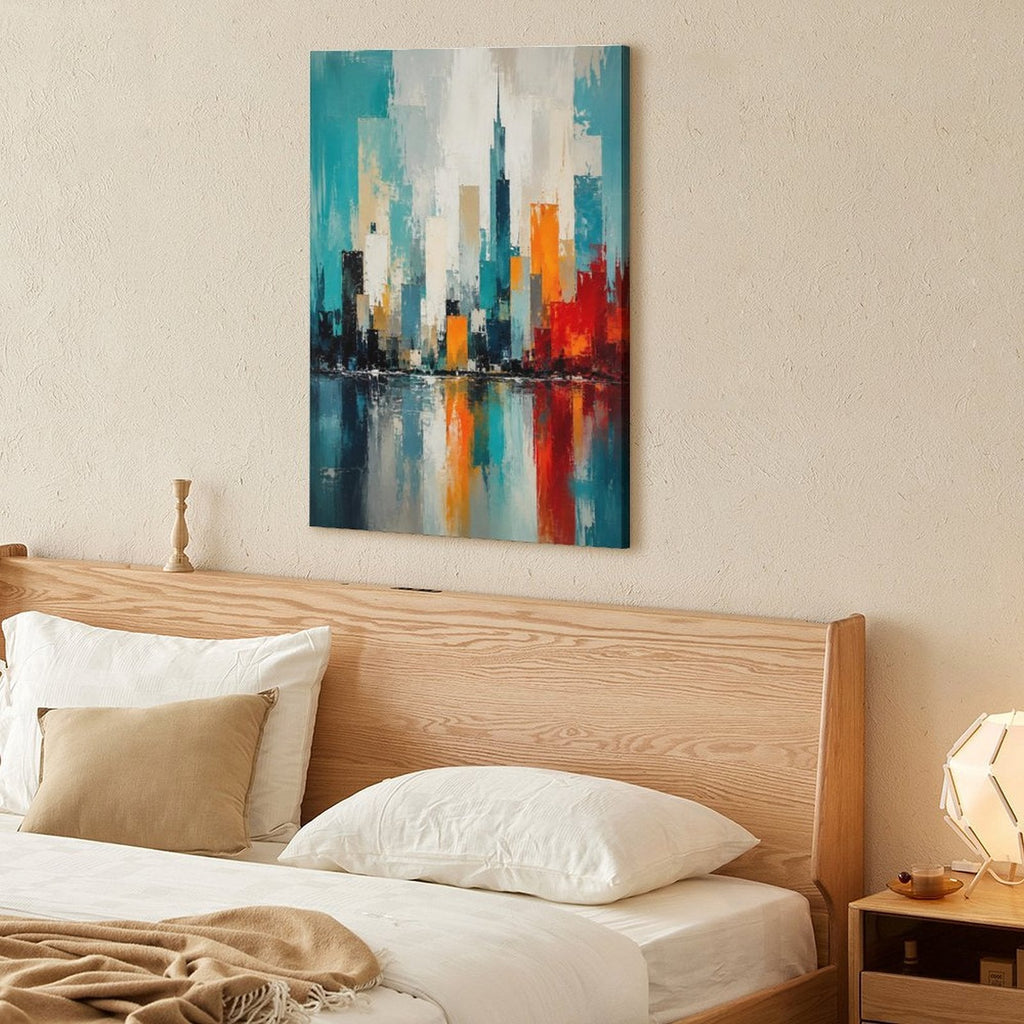Abstract City Skyline Teal Orange Framed Canvas Wall Art | Modern Urban Palette Knife Print