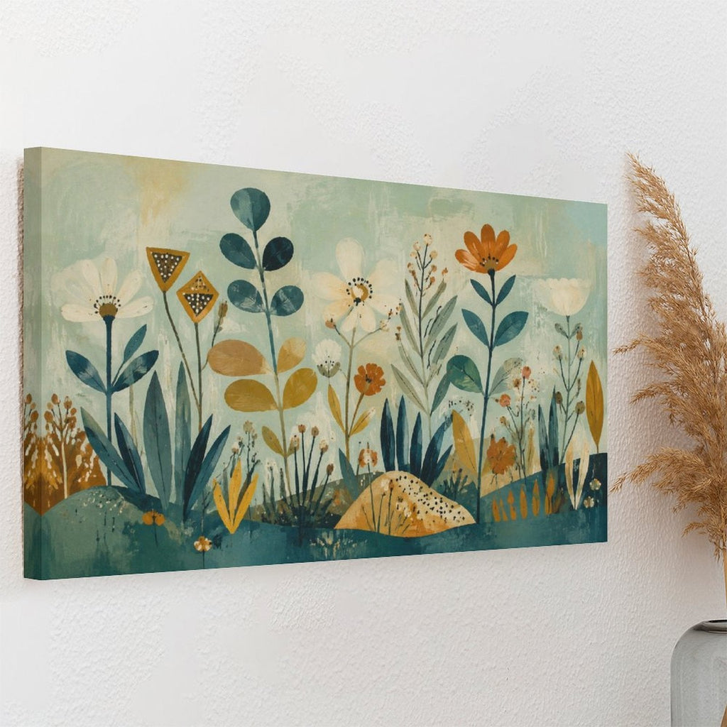 Nordic Folk Art Wildflower Botanical Framed Canvas Wall Art | Teal Gold Vintage Illustration Print