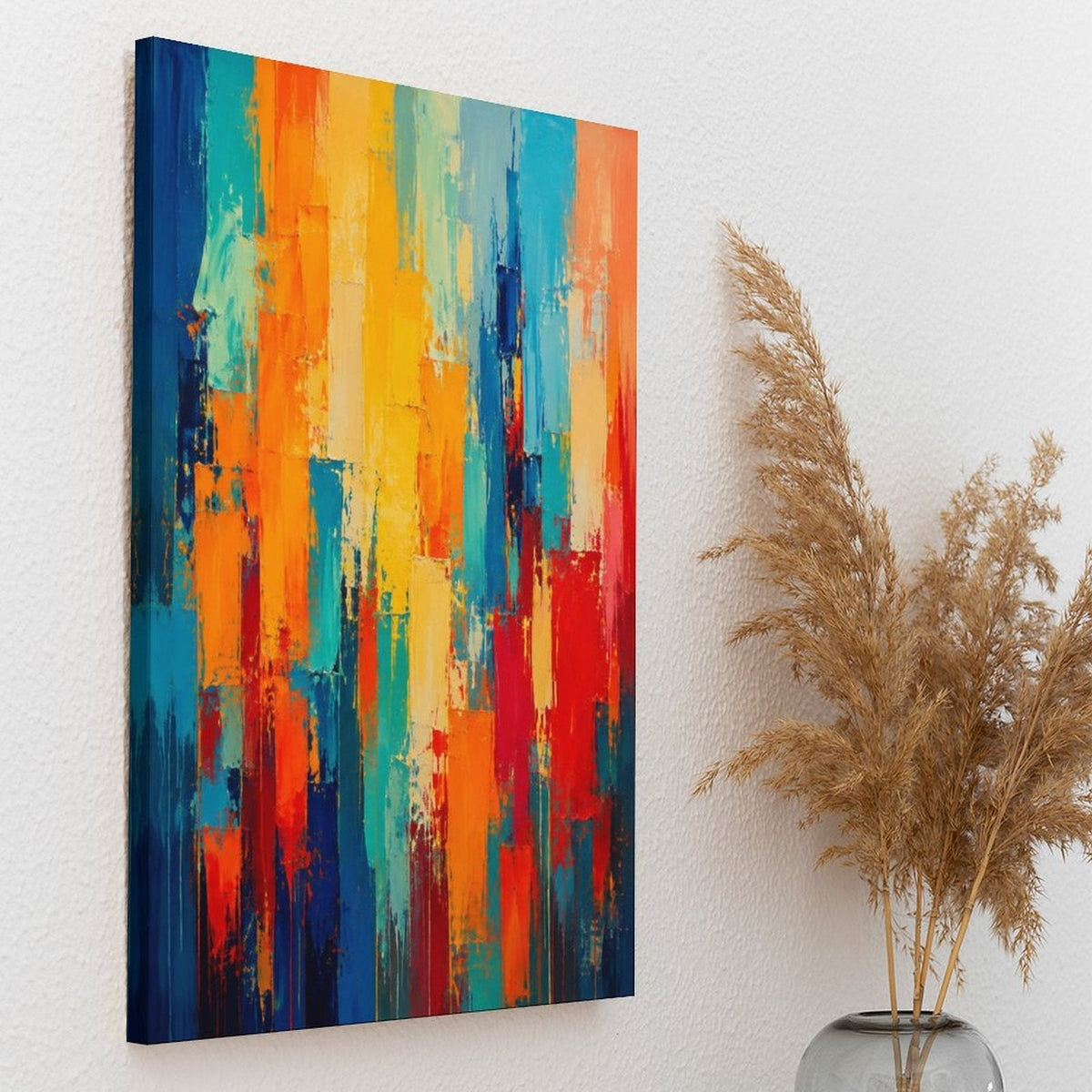 Bold Vertical Color Block Abstract Framed Canvas Wall Art | Navy Orange Red Teal Expressionist Print